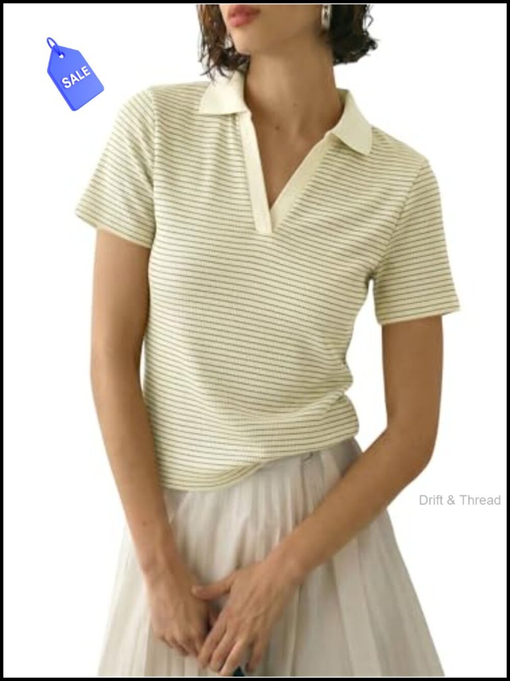 Womens Striped V-Neck Polo Shirt Short Sleeve Knit Casual Top